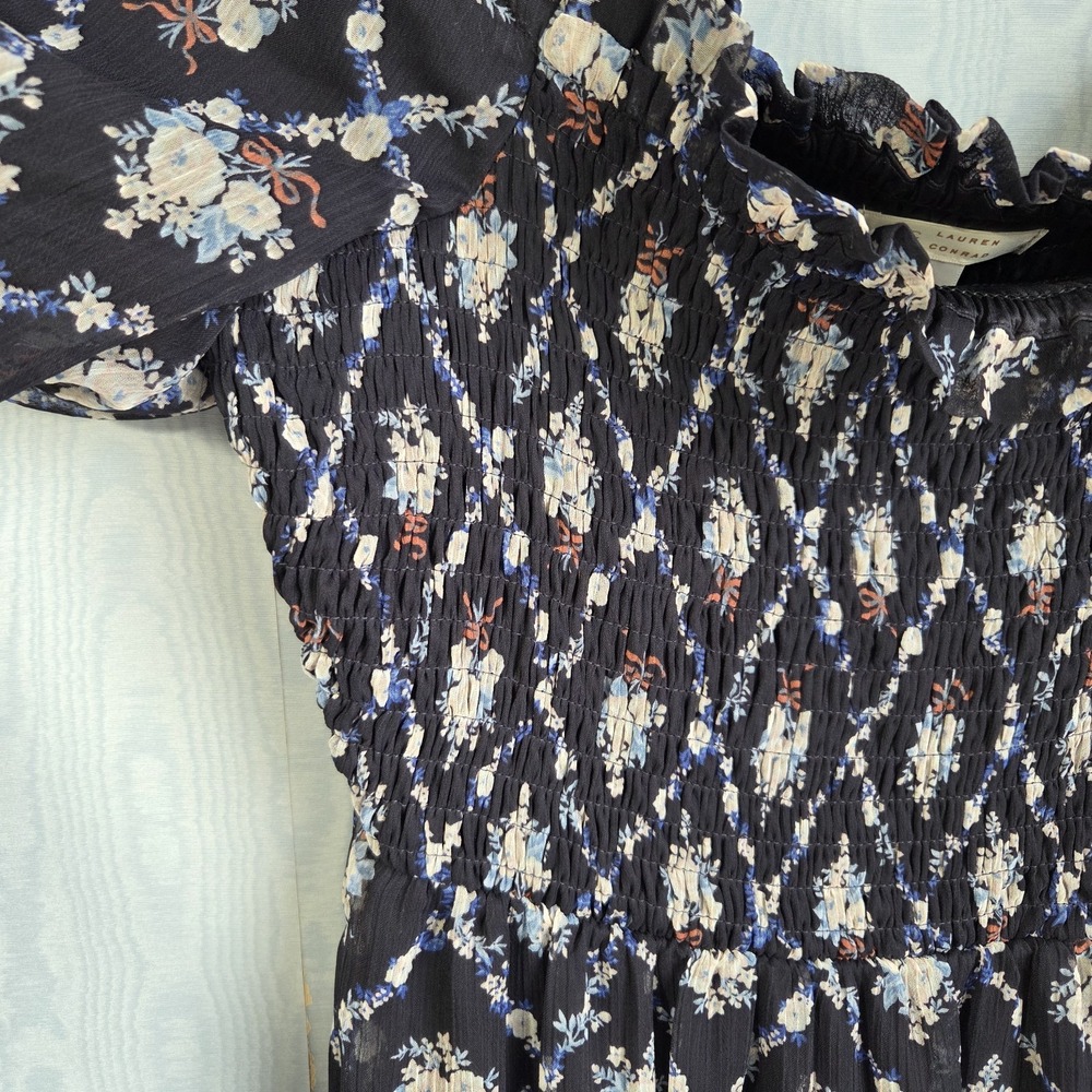 Lauren Conrad Small Midi Dress Smocked Navy Floral Puff Sleeve Cottage Delicate - Picture 3 of 10
